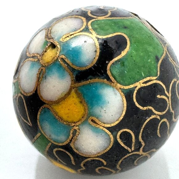 Cloisonne 5 Black Beads 14 MM Yellow Pink Green Flowers Cloisonne Beads 14 MM - Picture 2 of 8